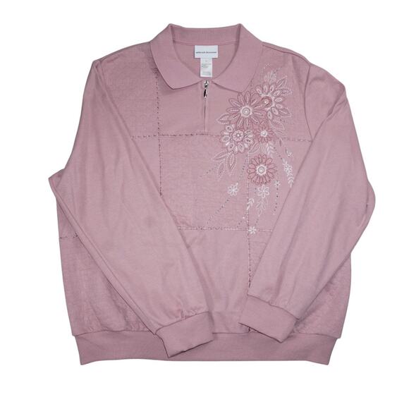 Alfred Dunner Women’s XL Rose Pink Floral Embroidered Zip Pullover Sweater - Picture 1 of 5